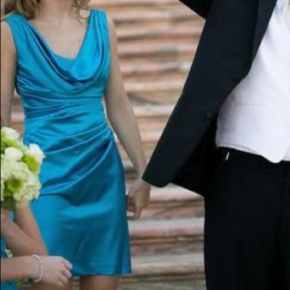 David’s Bridal Blue Cowl Neck Bridesmaid Dress